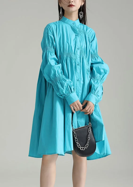 Huge Savings On Must-Have Clothing Blue Patchwork Cotton Shirts Dresses Stand Collar Wrinkled Fall