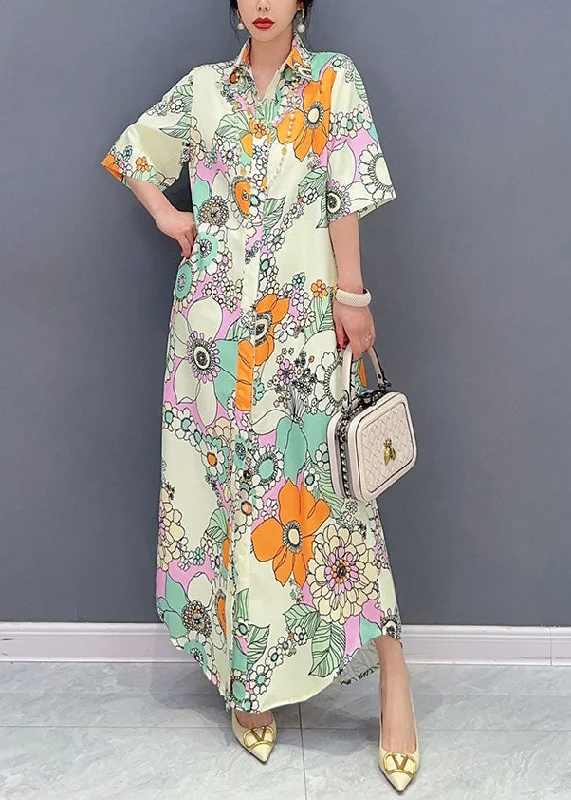 Vintage Fashion Yellow Floral Patchwork Long Cotton Dresses Peter Pan Collar Summer