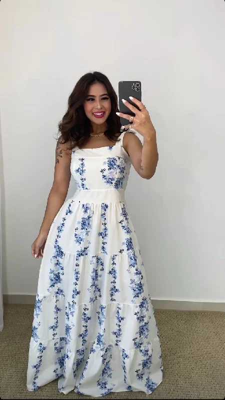 Comfortable Clothes White Straps A-Line Floral Fashion Vacation Dress Long Party Dress, D204