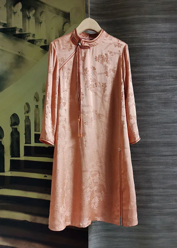 From Casual To Classy Women Pink Stand Collar Tasseled Patchwork Jacquard Silk Mid Dress Summer