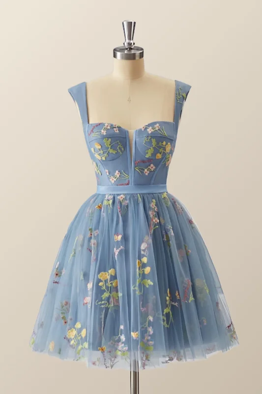 Fashion Sale Cap Sleeves Blue Floral A-line Short Dress