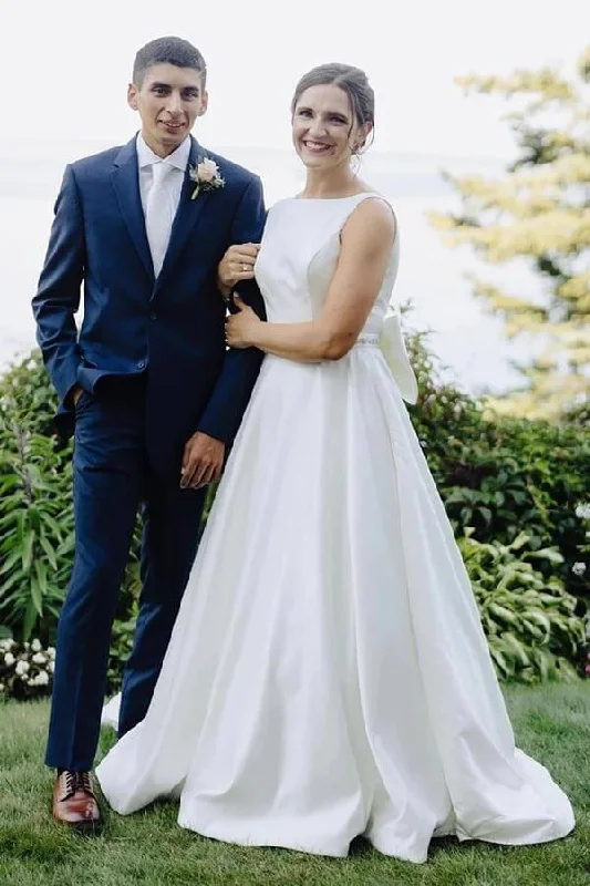 Best Online Clothing Boutiques Roycebridal Simple Ivory Satin Bateau Beaded Wedding Dresses With Bow, Bridal Gown, MW867