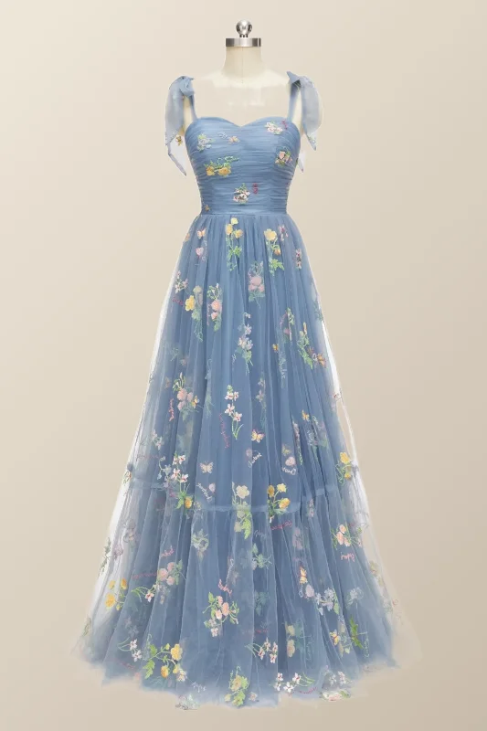 Trendy Women's Wear Tie Straps Blue Floral A-line Long Formal Dress
