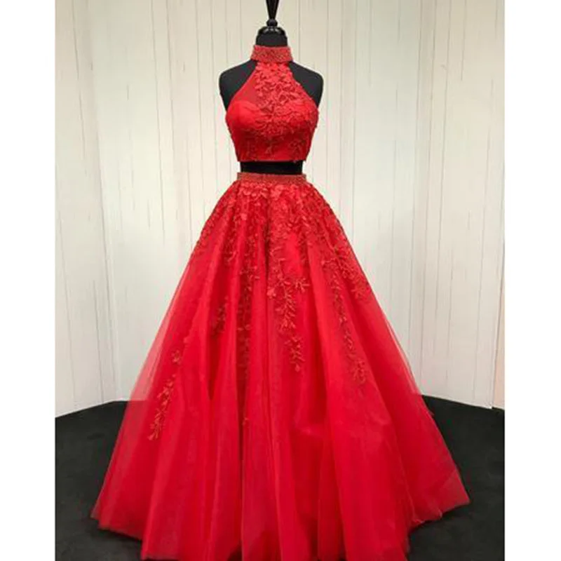 Best Online Boutiques For Women Stunning Halter Red Lace Crop Top Prom Dress Two Pieces Sexy Graduation Long Formal Gown for Girls