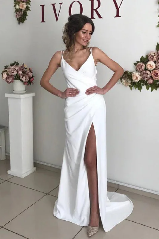 Chic And Comfortable Roycebridal Ivory Sheath V-neck Backless Spaghetti Straps Wedding Dresses with Slit, MW710