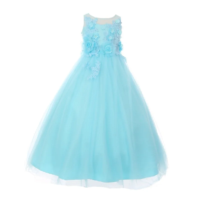 Feminine Dresses for Women in Bold Prints Little Girls Aqua 3D Flower Adorned Soft Tulle Illusion Flower Girl Dress 4-6