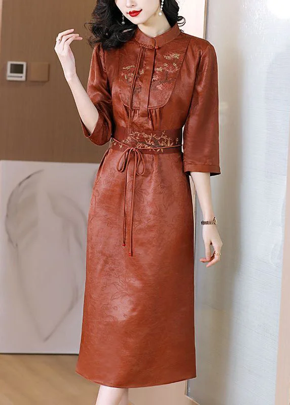 Big Discounts This Weekend Only Vintage Orange Mandarin Collar Cinched Silk Dresses Half Sleeve