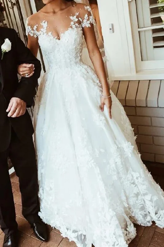 Exclusive Discount Roycebridal Beautiful White Lace A-line Illusion Neck Wedding Dresses, Bridal Gown, MW563