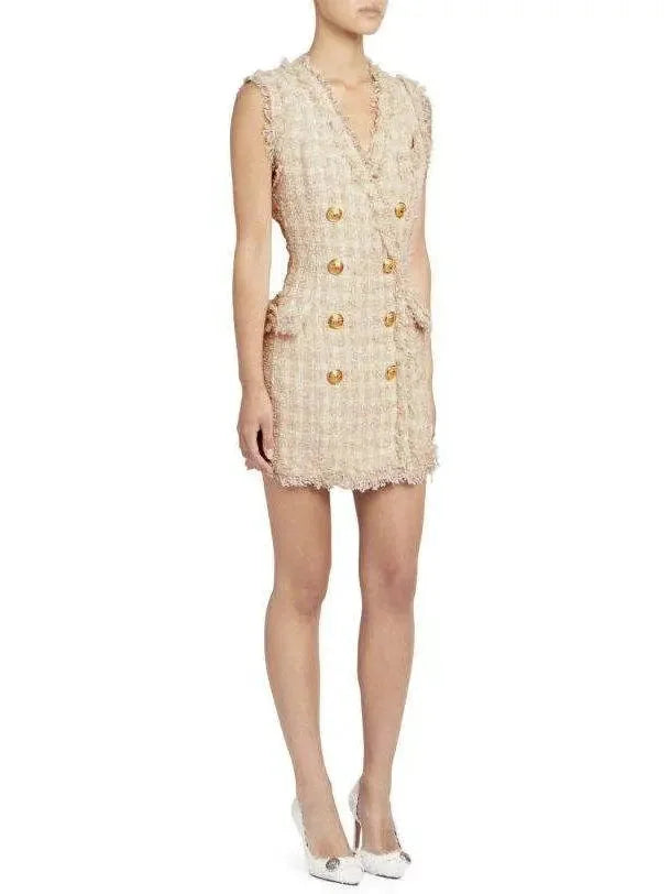 Redefining Women's Style Fringed Tweed Double-Breasted Mini Dress