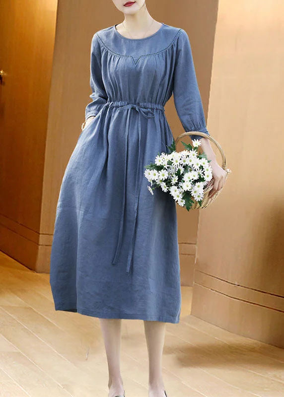 Cottagecore Rustic Charm Style Fitted Blue O-Neck Tie Waist Linen Vacation Dresses Bracelet Sleeve