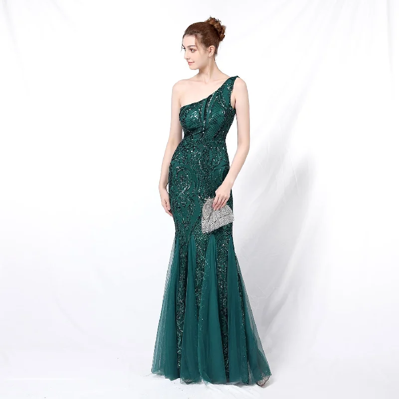 Sustainable Women's Clothing Emily formal one-shoulder Charming sequined mesh fishtail dress