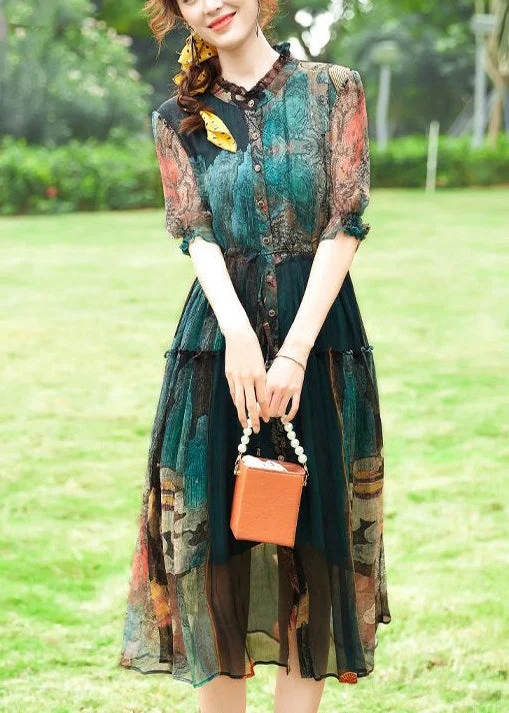 Latest Fashion for Women Women Green Ruffled Print Silk Cinched Dresses Summer