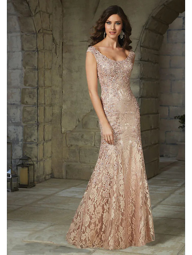 Women’s Street Style Casual Wear Elegant Floral Wedding Guest Formal Evening Dress Scoop Neck Sleeveless Floor Length Lace