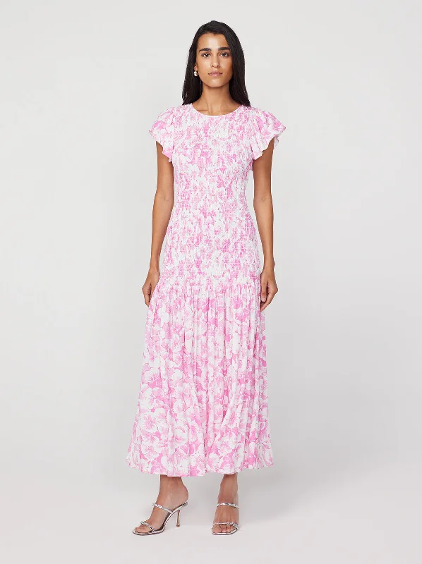 Women Clothing Jemima Pink Pansy Print Shirred Maxi Dress