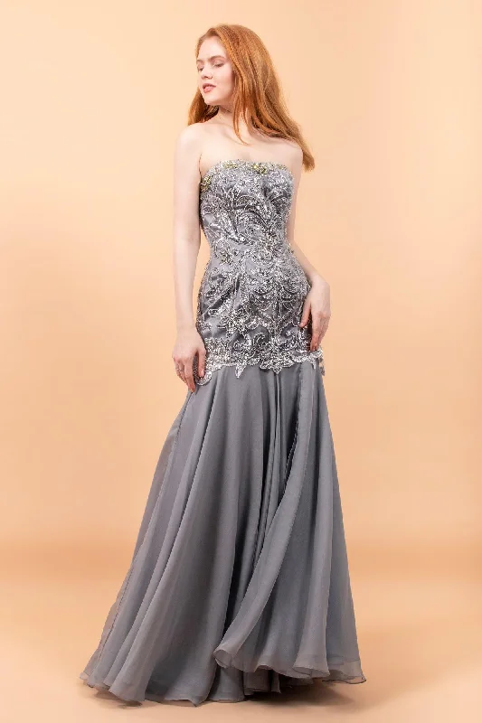 Colorful Clothing Prom Long Strapless Beaded Formal Chiffon Dress