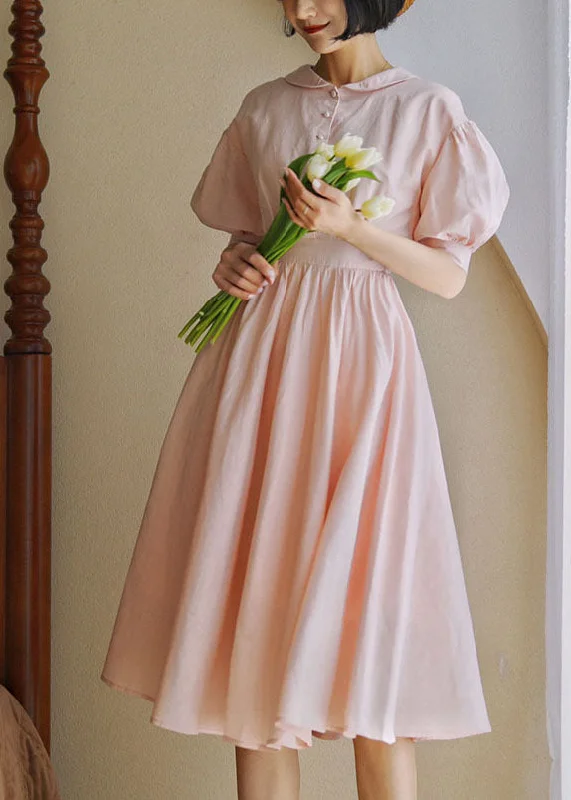 Elevate Your Wardrobe Simple Pink Peter Pan Collar Exra Large Hem Cinched Cotton Dresses Lantern Sleeve