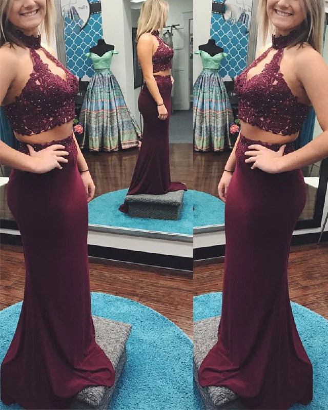 Clothing Online Fancy Halter 2 Pieces Girls Senior Fitted Burgundy Red Long Prom Gown PL113