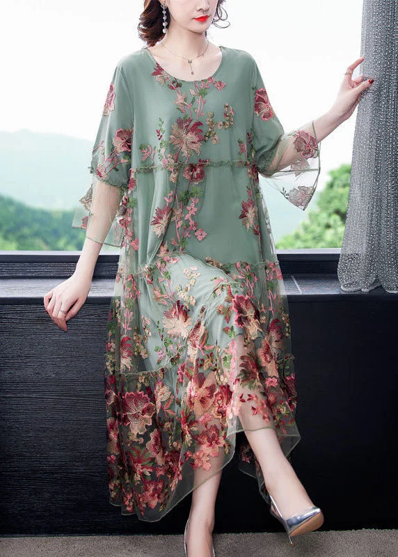 Women's Trendy Garments Light Green Tulle A Line Dresses Embroideried Exra Large Hem Bracelet Sleeve