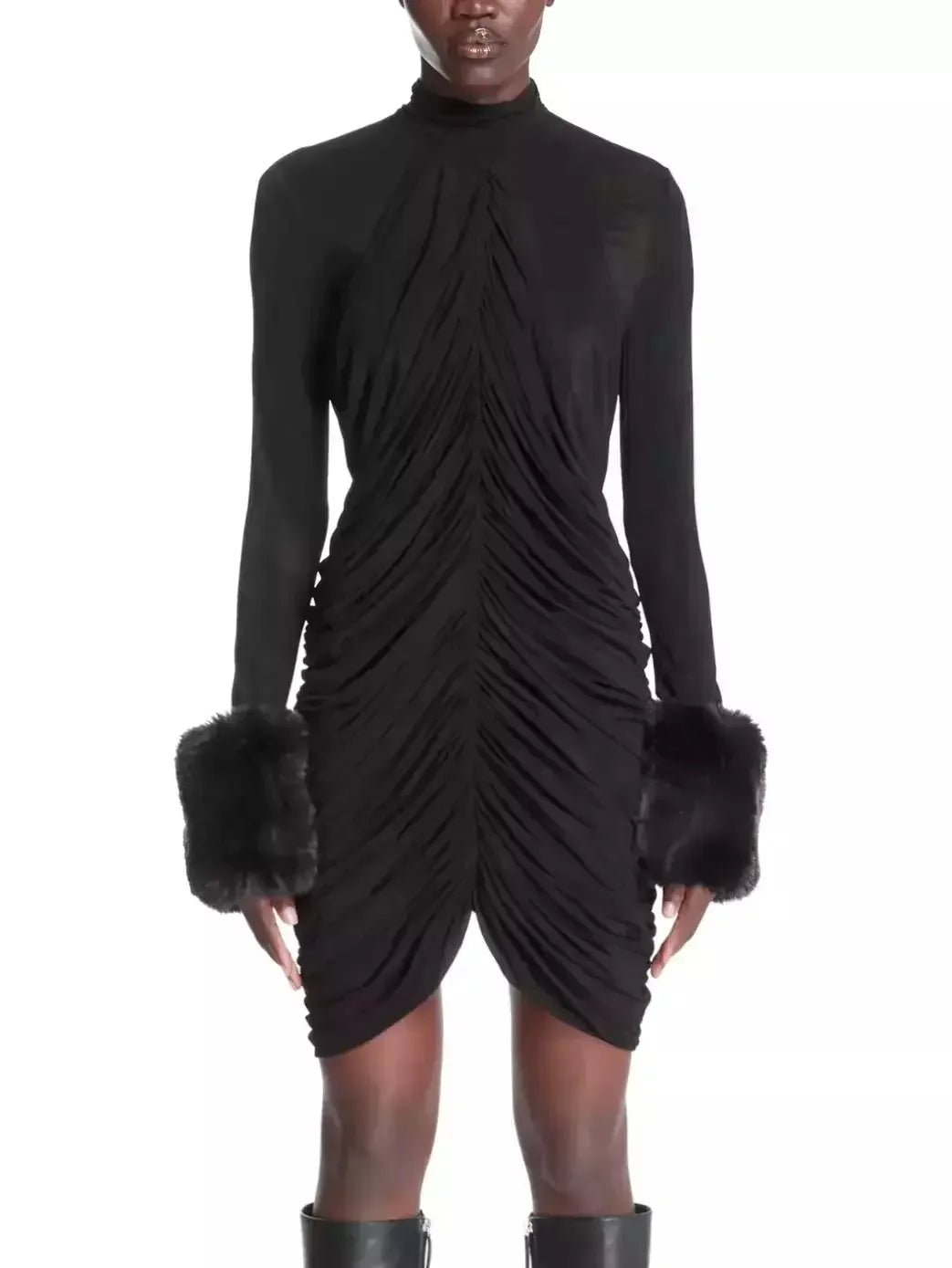 Bundle Offer Black Ruched High-Neck Mini Dress with Fur Cuff Detail