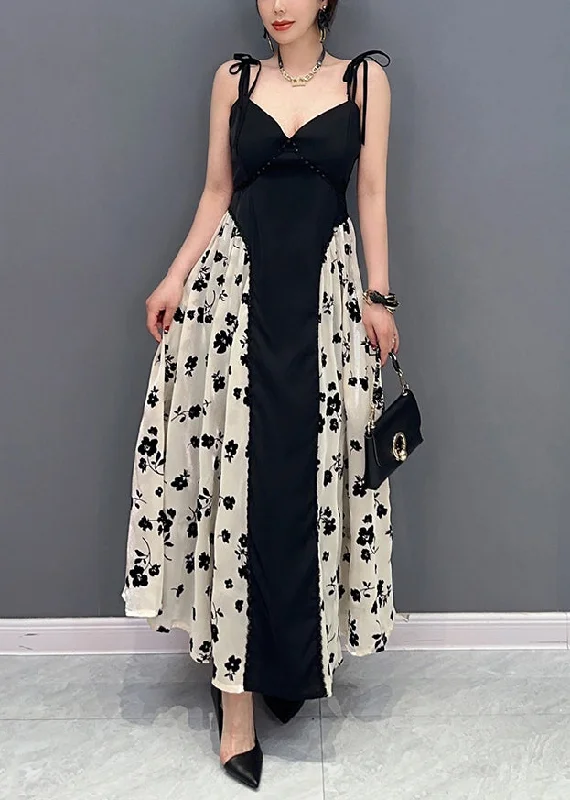 Snag Fabulous Fashion Bargains Beautiful Black Bustier Top Patchwork Print Silk Spaghetti Strap Dress Summer