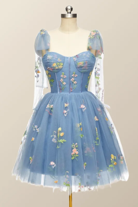 Premium Fashion Blue Floral Corset A-line Homecoming Dress with Tie Shoulders