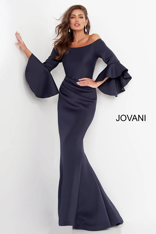 Plus Size Women's Fashion and Clothing Jovani 59993 Scuba Off the Shoulder Bell Sleeves Mother of the Bride Dress