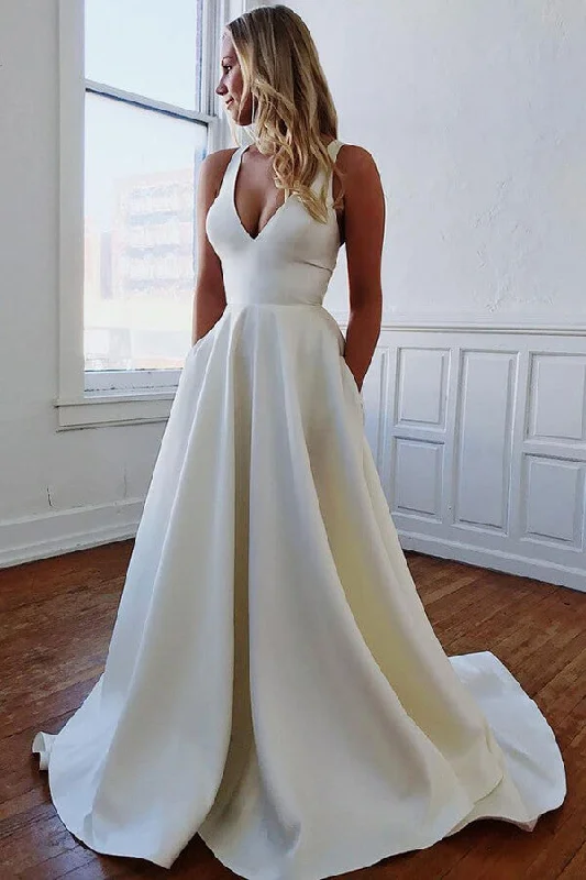 End of Season Sale Roycebridal Ivory Satin A-line V-neck Wedding Dresses with Pockets, Bridal Gowns, MW680