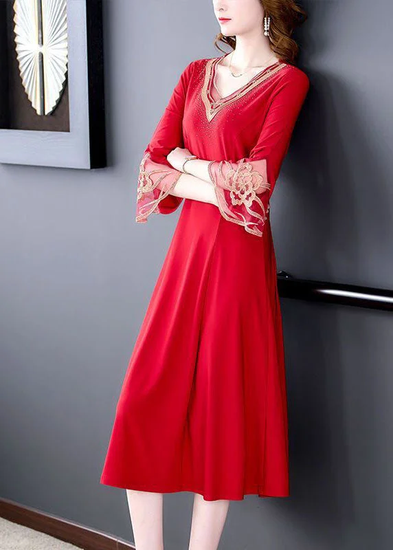 Your Exclusive Discount Awaits Slim Fit Red V Neck Patchwork Embroideried Silk Dresses Flare Sleeve