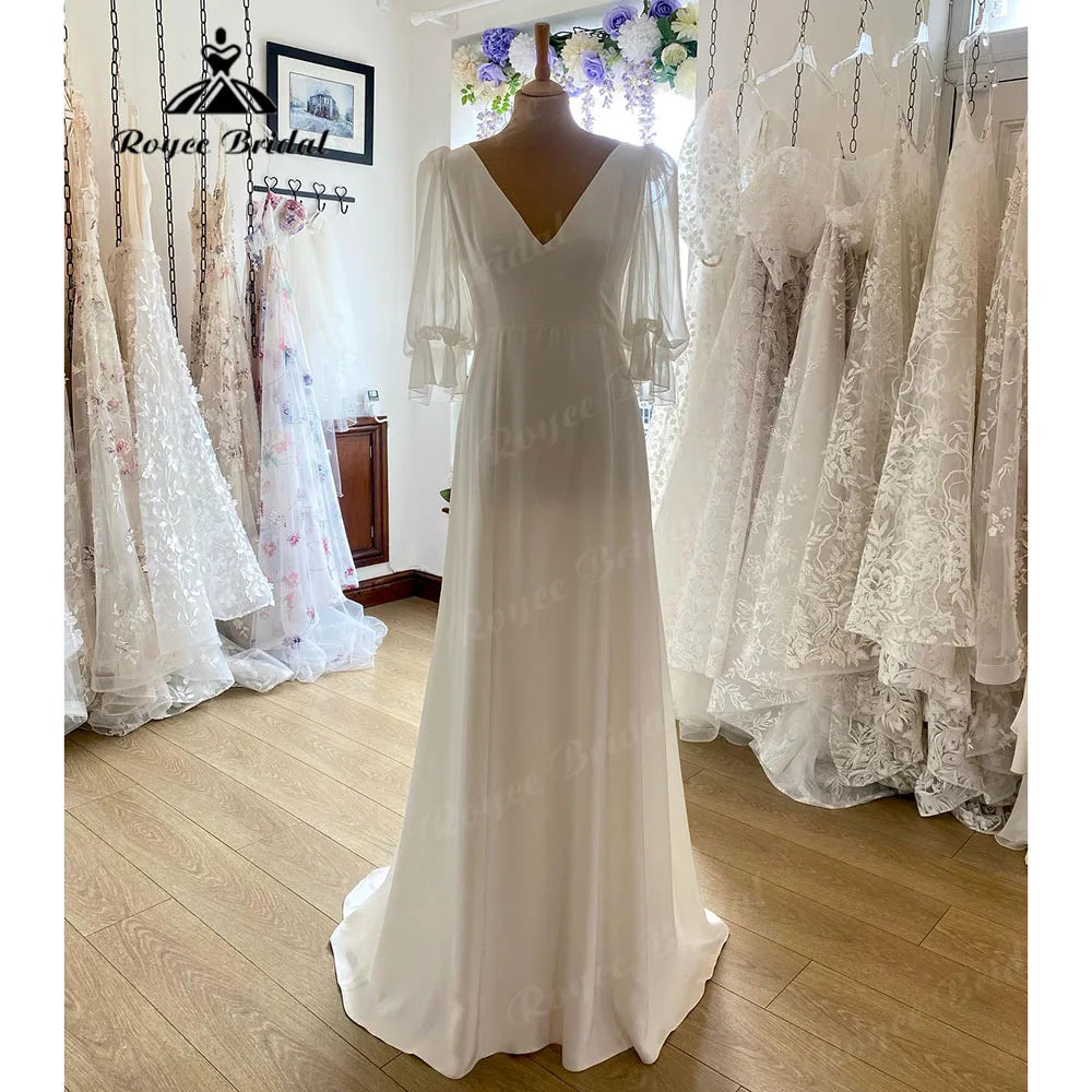 Women Online Clothing Boutiques Simple Soft Satin V Neck Boho Wedding Dress with Puff Short Sleeve  Beach Bridal Reception Gown for Women robe de mariee