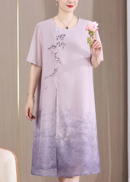 Refined Fashion Sale New Purple O Neck Print Patchwork Chiffon Dresses Summer