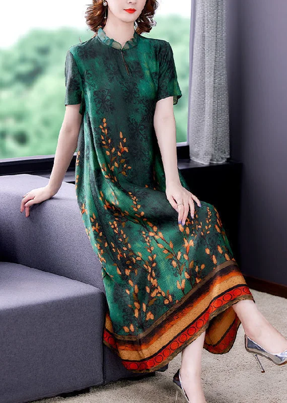 Online Boutiques Affordable Bohemian Green Ruffled Print Silk A Line Dress Summer