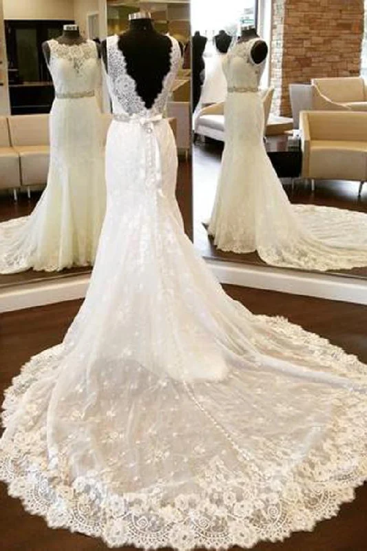 Comfort Centric Apparel Roycebridal White Lace Open Back Mermaid Vintage Scoop Neckline Wedding Dresses, MW200
