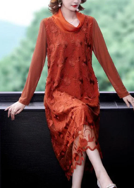 Upgrade Your Wardrobe For Less Stylish Orange Turtle Neck Embroideried Tulle Vacation Dresses Spring