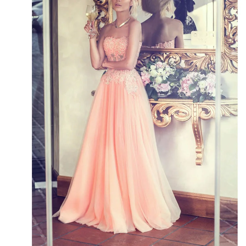 High End Women's Wear LP1581 Coral Pink Sweetheart Lace Appliqued Prom Dress A Line Girls Formal Gown Pageant Dress Long