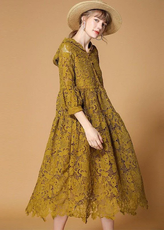Stylish Looks Fine Yellow Hooded Hollow Out Lace Holiday Dress Bracelet Sleeve