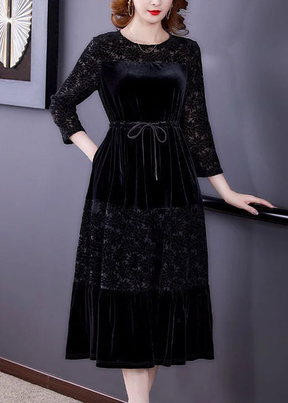 Fresh Styles, Fresh Deals Elegant Black O-Neck Patchwork Tie Waist Silk Velour Dress Bracelet Sleeve