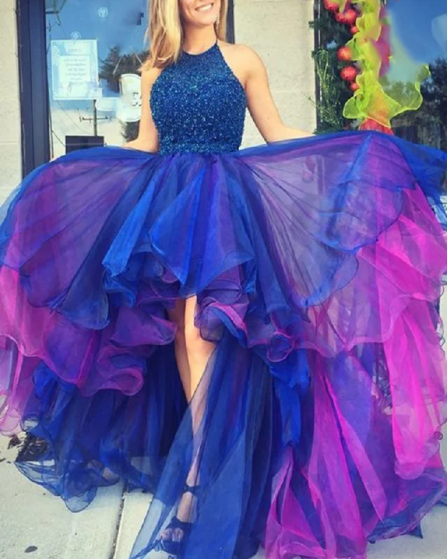 Online Boutique Clothing Flattering Blue  Rhinestone silhouette Mesh Hi low Prom Dress Girls Senior Graduation Gown for Party