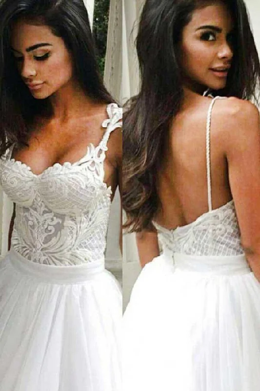 Vibrant Styles Roycebridal Elegant Spaghetti Straps Backless Lace Top Wedding Dress with Sweep Train, MW136