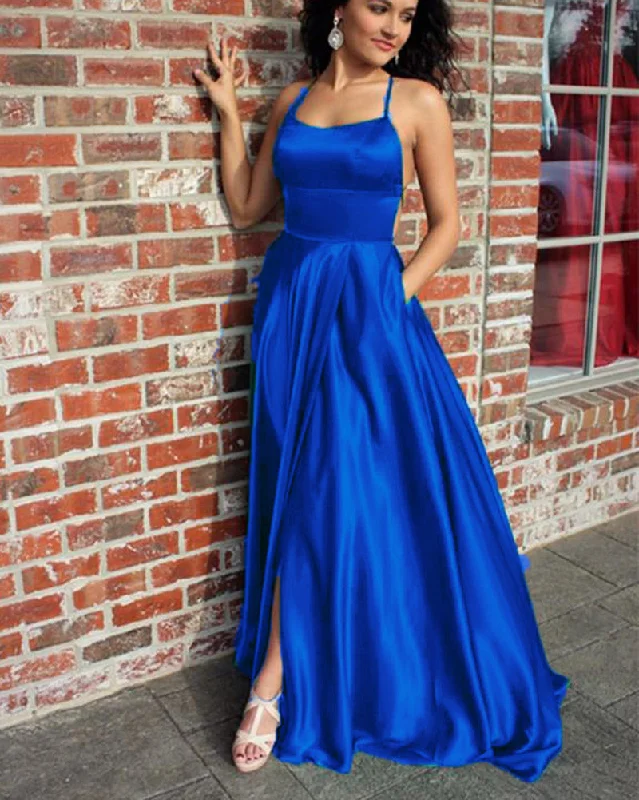 Clearance Sale Online Royal Blue Prom Dresses  Halter Long Graduation Girls Party Gown with Split PL5587