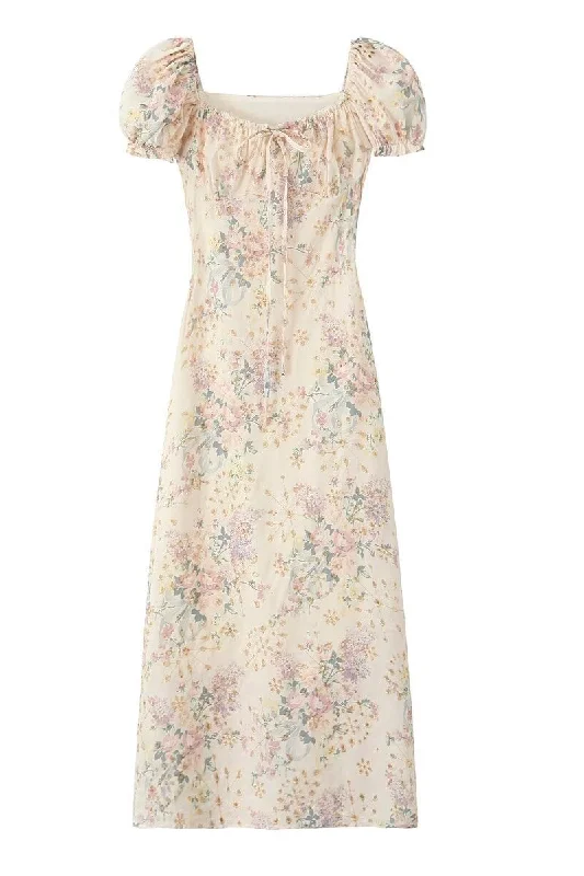 Fashion Essentials Puff Sleeves Light Apricot Floral Print Summer Dress