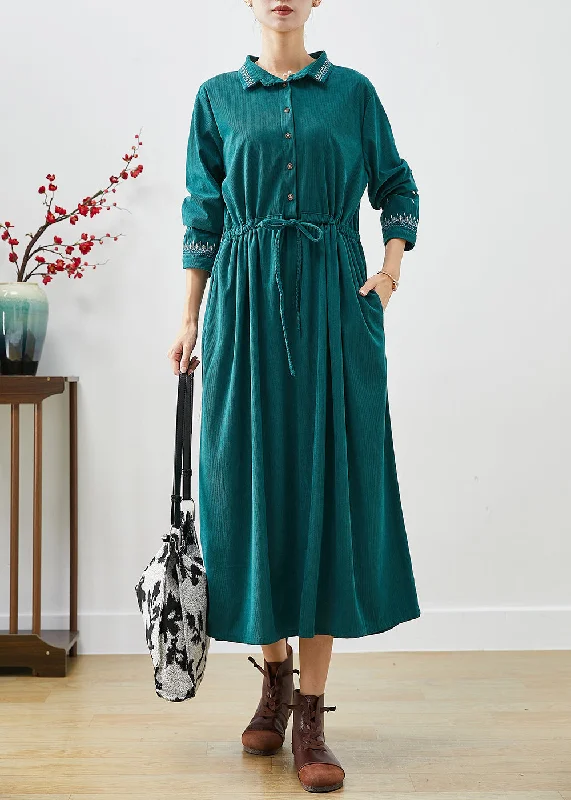 Shop Stylish Fashion At Unbeatable Prices Now Women Blackish Green Embroideried Corduroy Cinched Dresses Fall