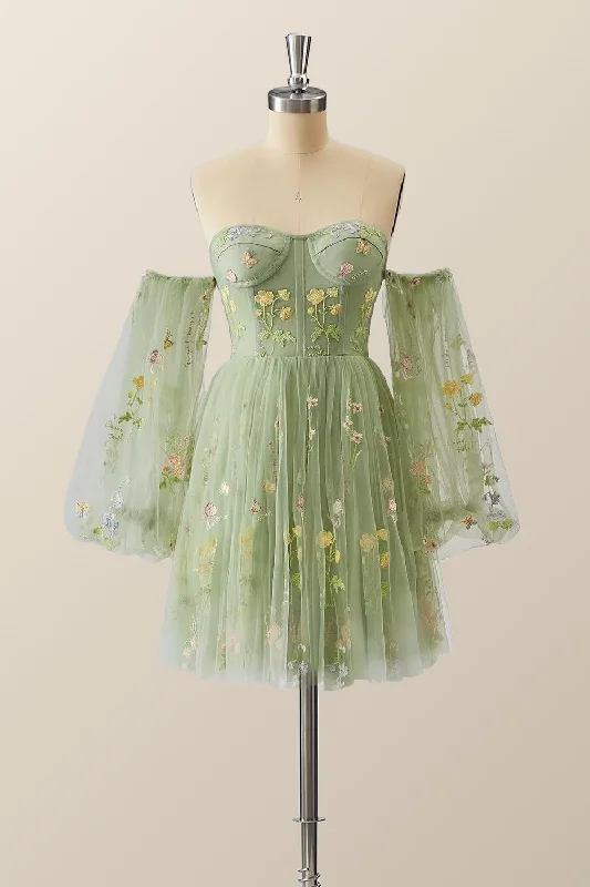 Chic & Cozy Apparel Green Floral Corset A-line Dress with Puff Sleeves