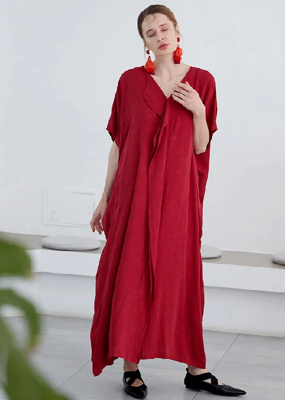 Seasonal Clearance Elegant Red V Neck Jacquard Patchwork Cotton Robe Dresses Summer