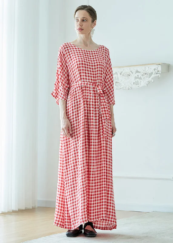 Unleash Your Trend Driven Style Loose Pink Plaid O Neck Wrinkled Patchwork Cotton Robe Dresses Summer