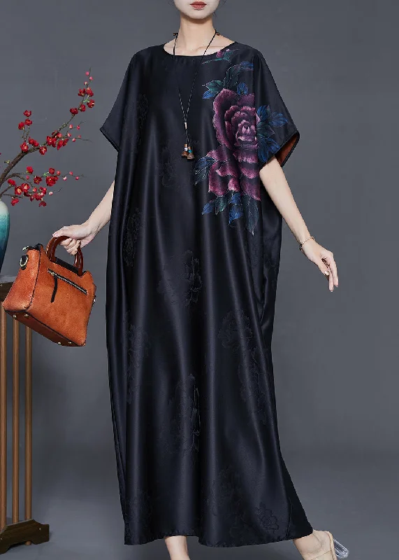 Stylish Basics Elegant Black Oversized Floral Jacquard Silk Dresses Summer