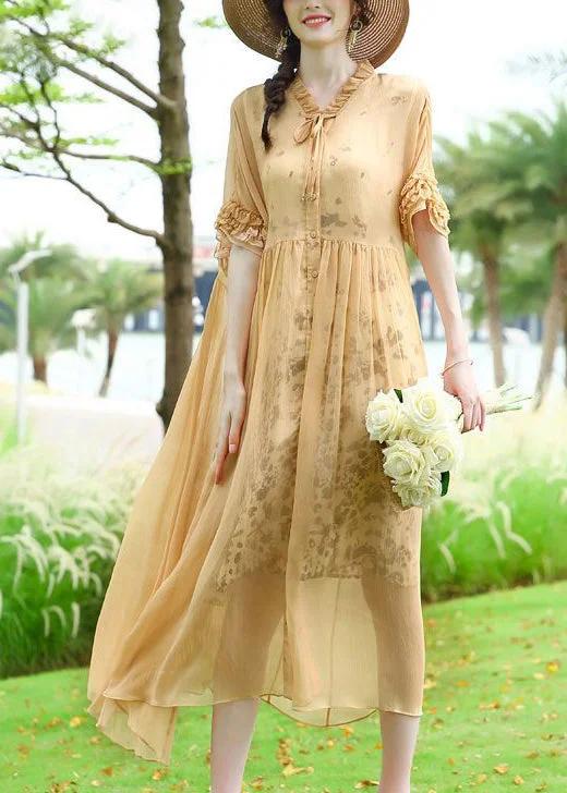 Casual Women's Clothing Modern Yellow Ruffled Patchwork Wrinkled Silk Vacation Dresses Summer