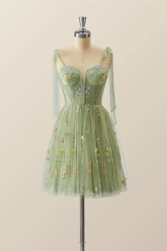 Urban Femme Streetwear Green Floral Tulle A-line Short Dress with Tie Shoulders