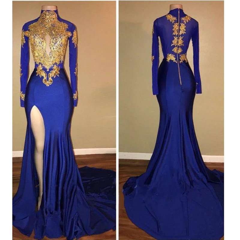 Seasonal Fashion High Neck Royal Blue and Gold Lace Evening Dress Long African Girls prom Formal Gown  with Sexy Slit