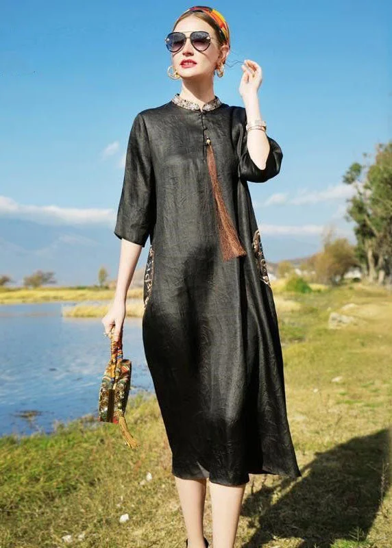 The Best Women's Fashion Sale Of The Season Chinese Style Black Embroideried Tasseled Silk Dresses Bracelet Sleeve