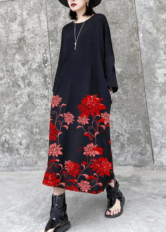 Women's Trendy Attire French black-flower tunics for women o neck pockets A Line Dress